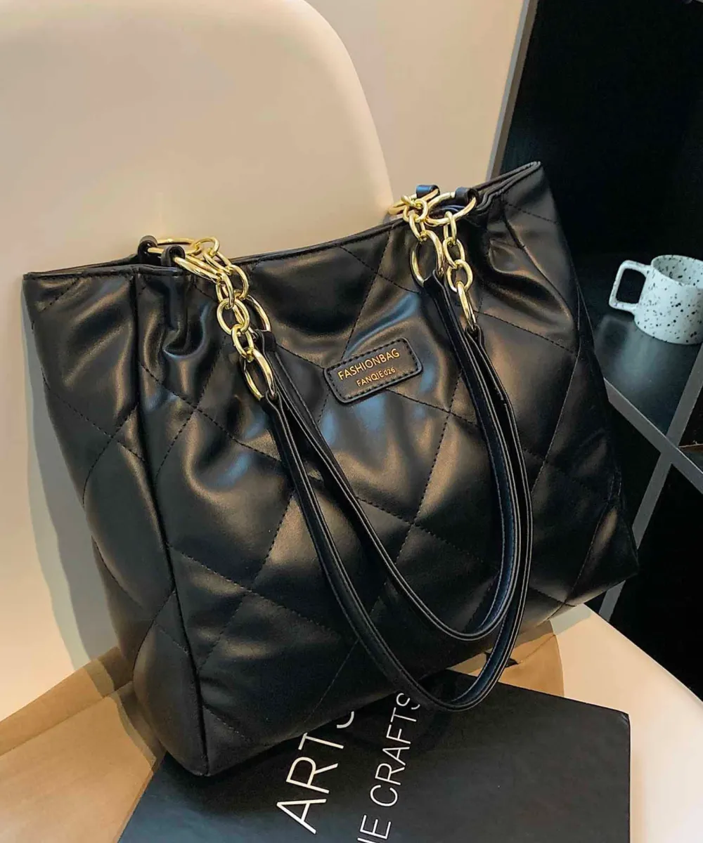 Quilted Black Chain Tote 4 Quilted Black Chain Tote - Image 1
