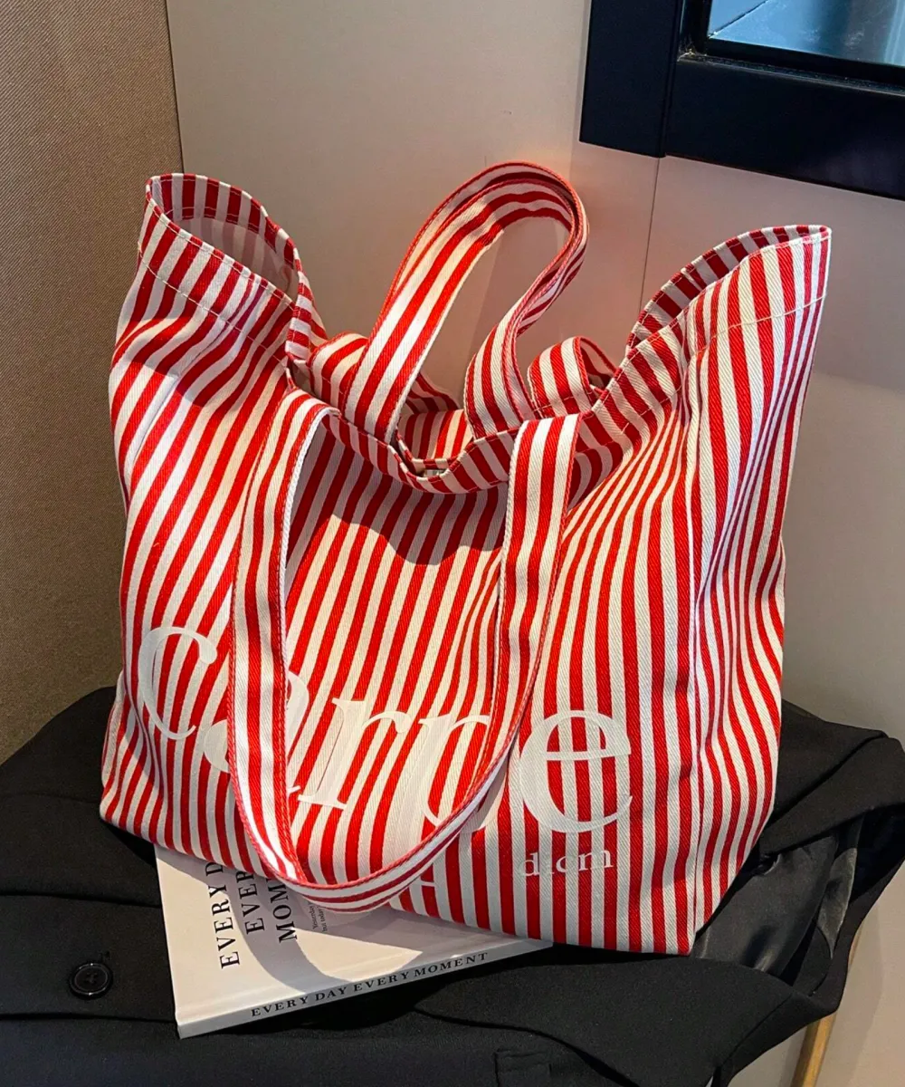 Red Striped Canvas Tote 10 Red Striped Canvas Tote - Image 1