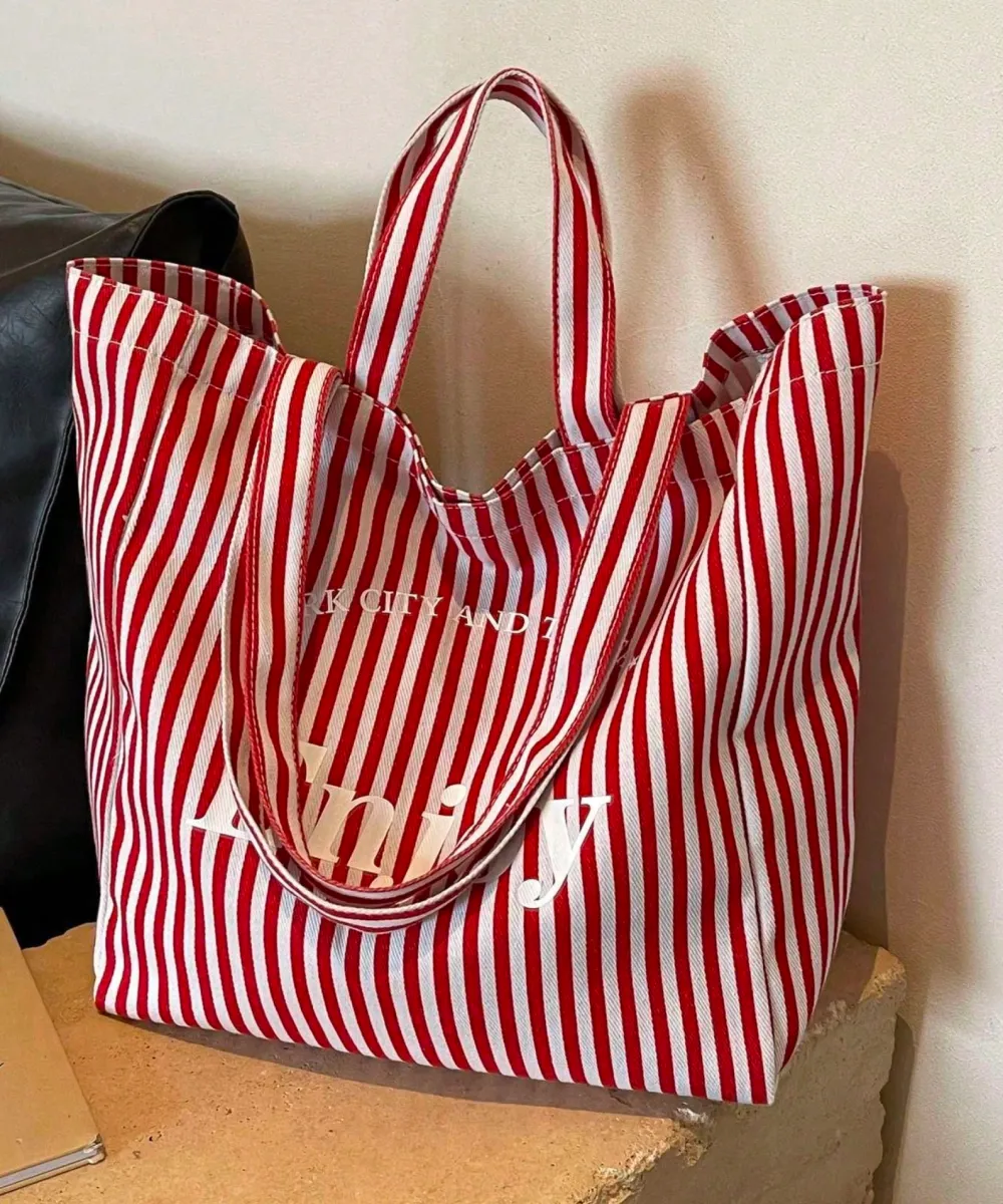Red Striped Canvas Tote 8 Red Striped Canvas Tote - Image 1