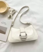 Glossy PU Leather Buckle Baguette Shoulder Bag