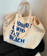 Oversized Canvas Tote Bag with Print – Beige