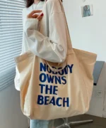 Oversized Canvas Tote Bag with Print – Beige - Image 2
