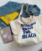 Oversized Canvas Tote Bag with Print – Beige - Image 4