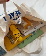 Oversized Canvas Tote Bag with Print – Beige - Image 3