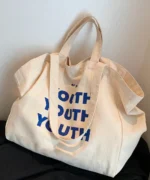 Oversized Canvas Tote Bag with Print – Beige
