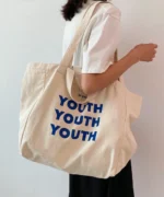 Oversized Canvas Tote Bag with Print – Beige - Image 2