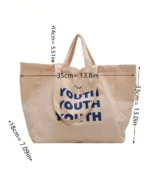 Oversized Canvas Tote Bag with Print – Beige - Image 4
