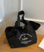 Oversized Canvas Tote Bag with Print – Black - Image 2