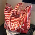 Oversized Canvas Tote Bag with Print – Red Striped