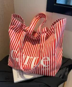 Oversized Canvas Tote Bag with Print – Red Striped