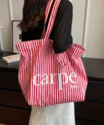 Oversized Canvas Tote Bag with Print – Red Striped - Image 2