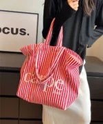 Oversized Canvas Tote Bag with Print – Red Striped - Image 3