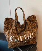 Oversized Canvas Tote Bag with Print – Light Leopard Print
