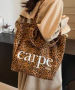 Oversized Canvas Tote Bag with Print – Light Leopard Print - Image 2