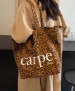 Oversized Canvas Tote Bag with Print – Light Leopard Print - Image 5
