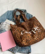 Oversized Canvas Tote Bag with Print – Light Leopard Print - Image 3