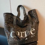 Oversized Canvas Tote Bag with Print – Dark Leopard Print