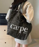 Oversized Canvas Tote Bag with Print – Dark Leopard Print - Image 2