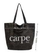 Oversized Canvas Tote Bag with Print – Dark Leopard Print - Image 3