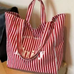 Oversized Canvas Tote Bag with Print – Red Striped