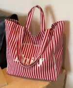 Oversized Canvas Tote Bag with Print – Red Striped