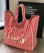 Oversized Canvas Tote Bag with Print – Red Striped - Image 2