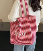 Oversized Canvas Tote Bag with Print – Red Striped - Image 9