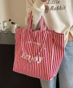 Oversized Canvas Tote Bag with Print – Red Striped - Image 8