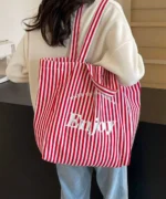 Oversized Canvas Tote Bag with Print – Red Striped - Image 7
