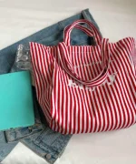 Oversized Canvas Tote Bag with Print – Red Striped - Image 5