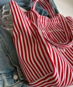 Oversized Canvas Tote Bag with Print – Red Striped - Image 4