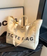 Oversized Canvas Tote Bag with Print – Beige - Image 2