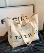 Oversized Canvas Tote Bag with Print – Beige - Image 5
