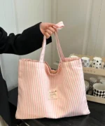 Oversized Canvas Tote Bag with Print – Pink Striped - Image 2