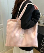 Oversized Canvas Tote Bag with Print – Pink Striped - Image 3