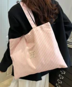 Oversized Canvas Tote Bag with Print – Pink Striped - Image 4