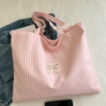 Oversized Canvas Tote Bag with Print – Pink Striped