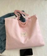 Oversized Canvas Tote Bag with Print – Pink Striped