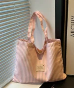 Oversized Canvas Tote Bag with Print – Pink Striped - Image 6
