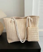 Straw Beach Tote Bag Set with Pouch – Large Capacity Summer Shoulder Bag - Image 2