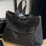 Washed Black Tote Bag – Casual Large Capacity Shoulder Shopper