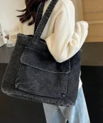 Washed Black Tote Bag – Casual Large Capacity Shoulder Shopper - Image 2