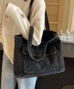 Washed Black Tote Bag – Casual Large Capacity Shoulder Shopper - Image 5