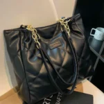Quilted Black PU Leather Tote Bag with Chain – Elegant Office Shoulder Bag