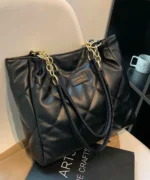 Quilted Black PU Leather Tote Bag with Chain – Elegant Office Shoulder Bag