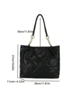 Quilted Black PU Leather Tote Bag with Chain – Elegant Office Shoulder Bag - Image 3