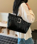 Studded Buckle PU Leather Tote Bag – Large Capacity Shoulder Bag - Image 3