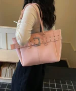 Studded Buckle PU Leather Tote Bag – Large Capacity Shoulder Bag - Image 4