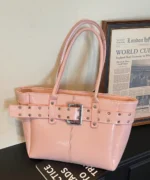 Studded Buckle PU Leather Tote Bag – Large Capacity Shoulder Bag