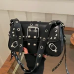 Punk Studded Crossbody Bag – Black Leather Buckle Shoulder Bag